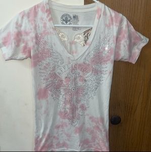 Gorgeous pink and white Affliction angel wing shirt